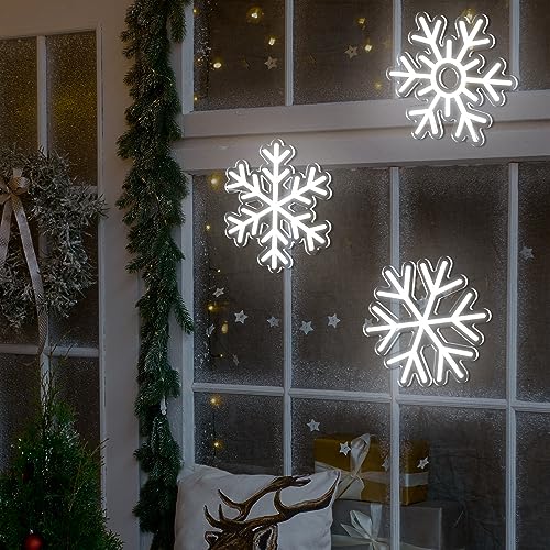 Treela 3 Pcs Christmas Neon Sign White Snowflake Neon Sign Christmas Window Decorations Light up Room Sign LED Neon Sign Light USB Wall Bar Living Room Decor for Winter Party Home Bedroom Office Art