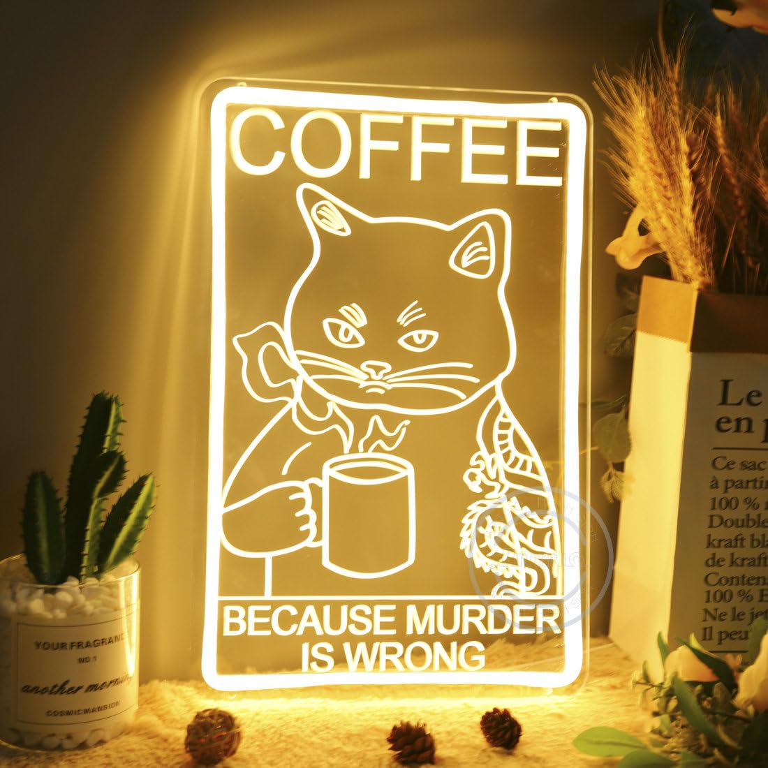 Coffee Because Murder is Wrong Cat Coffee Neon Sign